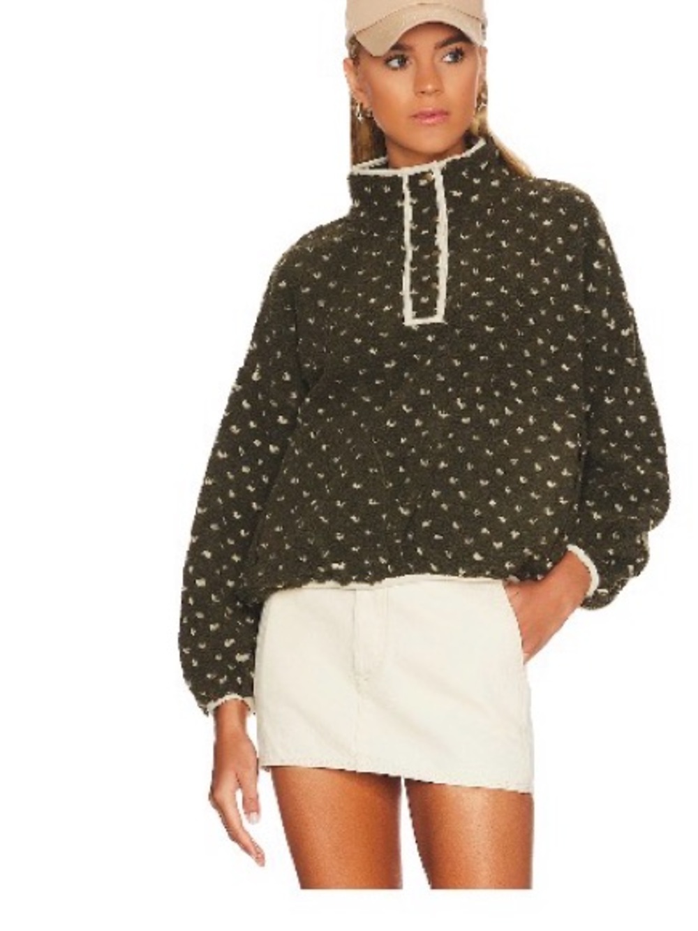 THE GREAT. Olive Sherpa Pullover with Cream Trim